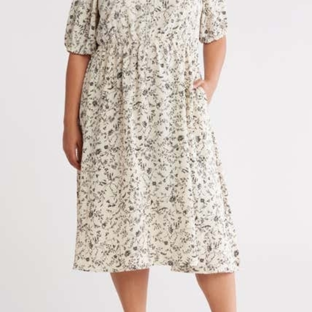 Melrose&Market Cream With Black Tendril Vine Dress 1X Elastic Waist Ruffled Yoke